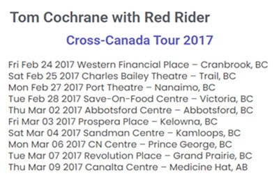Tom Cochrane - Cross-Canada Tour Announced for 2017